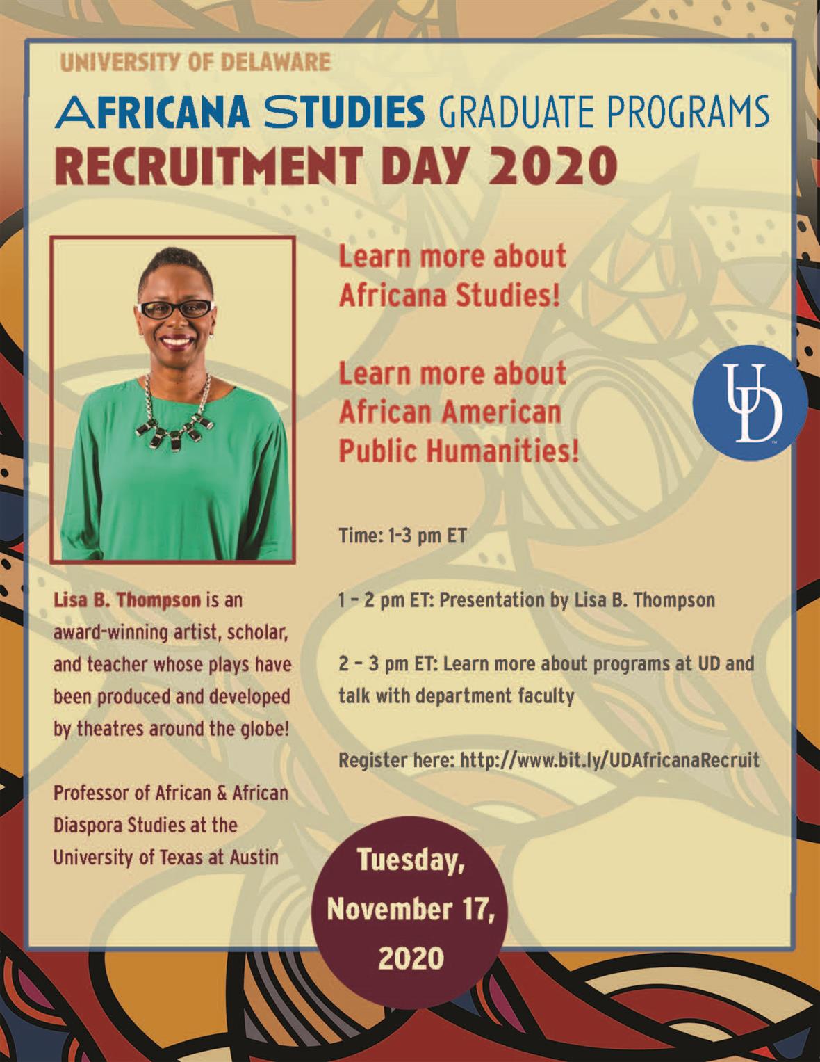 Colorful poster with picture of scholar and playwright Lisa B. Thompson announcing 2020 AFRA@UD Grad Recruitment Day for November 17.